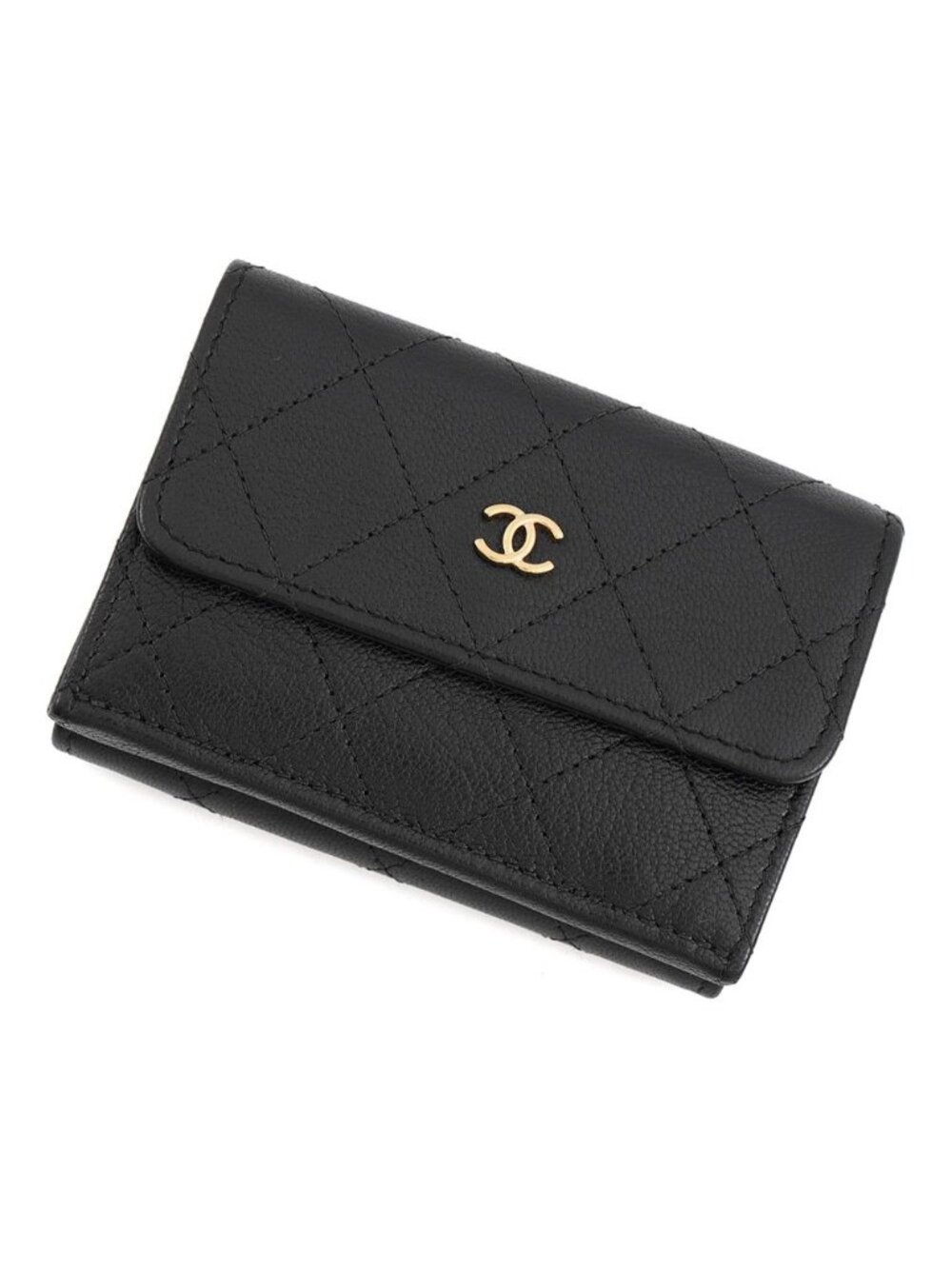 Chanel Trifold Wallet Quilted CC Logo Small Flap Lambskin Black